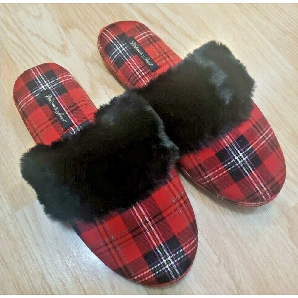 Victoria’s Secret Signature Satin Slippers in Red and Black Plaid with Faux Fur